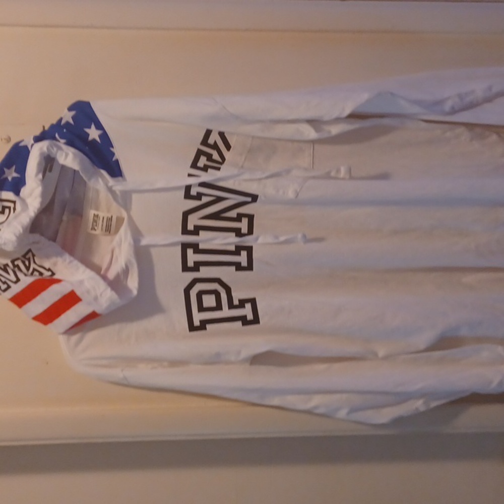 VICTORIA SECRET PINK WHITE AMERICAN FLAG HOODED LONG SLEEVE  TOP PULLOVER HOODIE